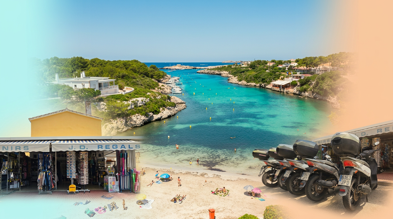 Cala Santandria con la tienda Souvenirs J.D. Regals y motos 125cc